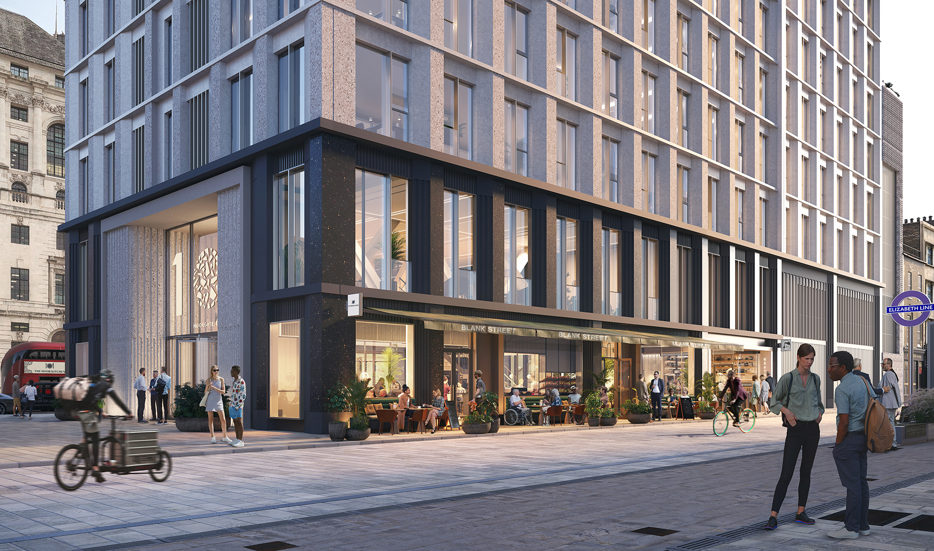 An indicative view of the arrival and retail on pedestrianised Moorfields