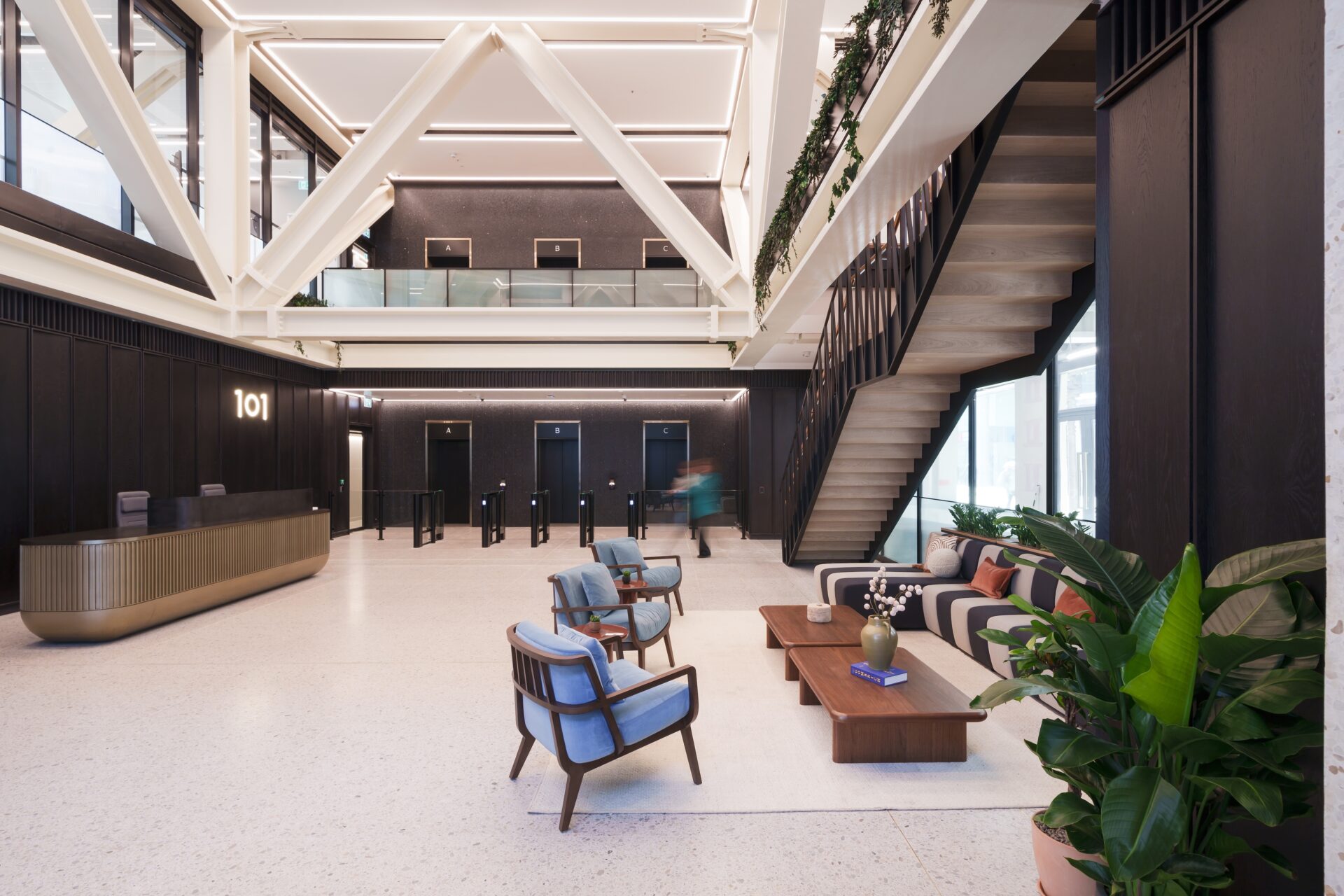 A view of the large double height reception and amenity space